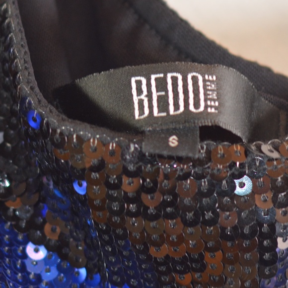 BLue Black Striped Sequin One Sholder Mini Dress Sz S BEDO - Picture 7 of 7